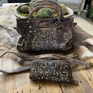 Frye Deborah studded Brown satchel and wallet handbag